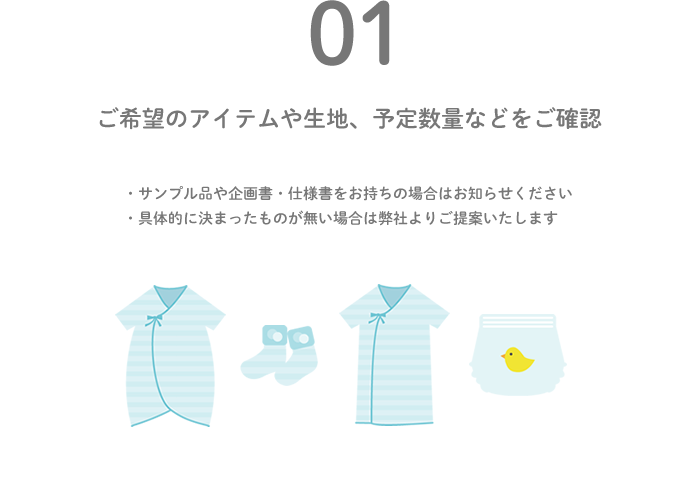 OEM注文の流れ1｜ご希望のアイテムや生地、予定数量などをご確認。サンプル品や企画書・仕様書をお持ちの場合はお知らせください