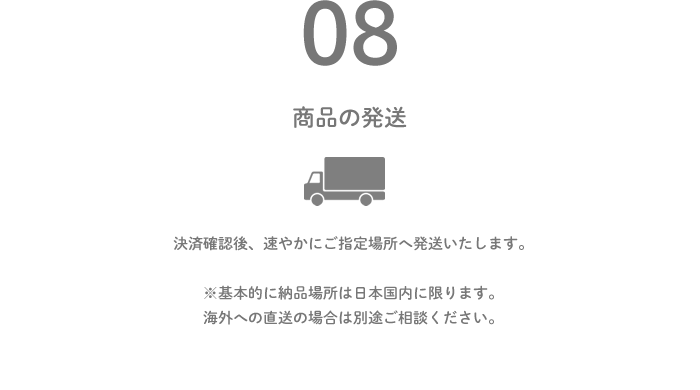 OEM注文の流れ8｜商品の発送。決済確認後、速やかにご指定場所へ発送いたします。